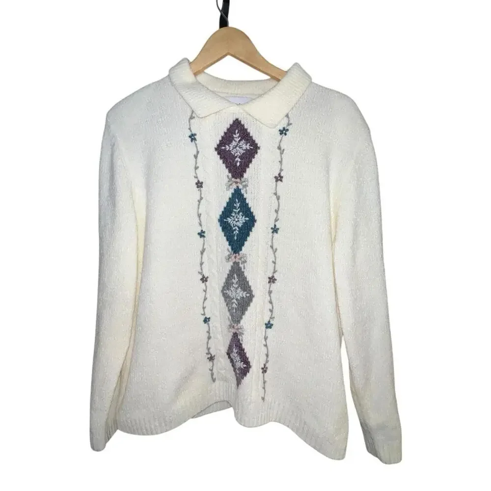 Vintage 1990s Alfred Dunner Cream Knit Collared  Grannycore Sweater Women L‎